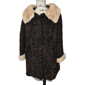 Luxurious 1960s Curly Brown Persian Lamb Coat with Blond Mink Collars